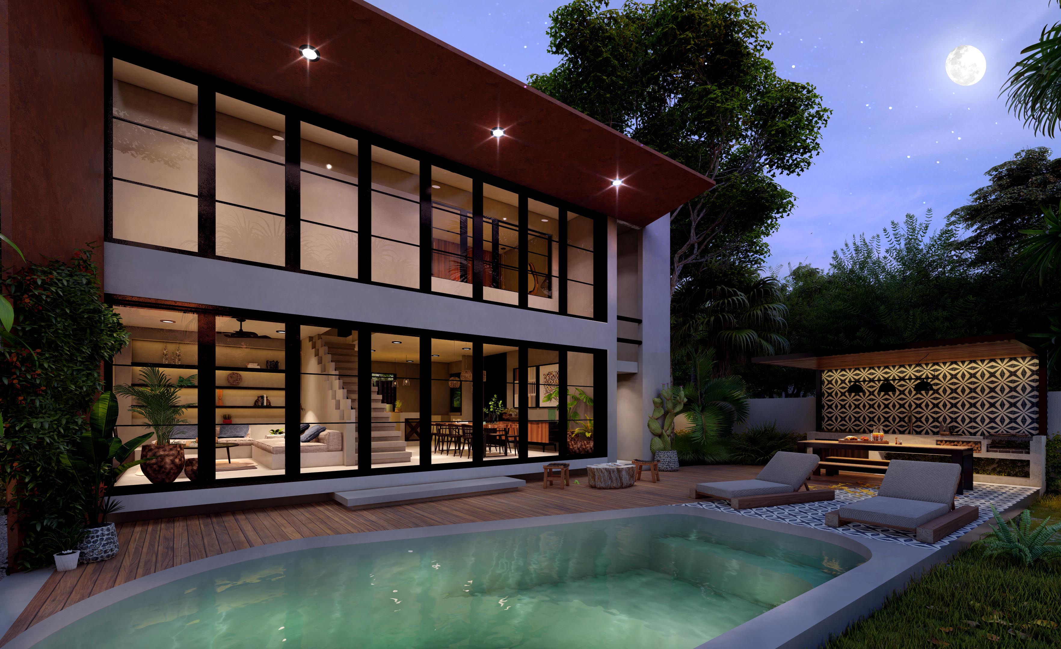 K'in Privada custom home — rear nocturnal view